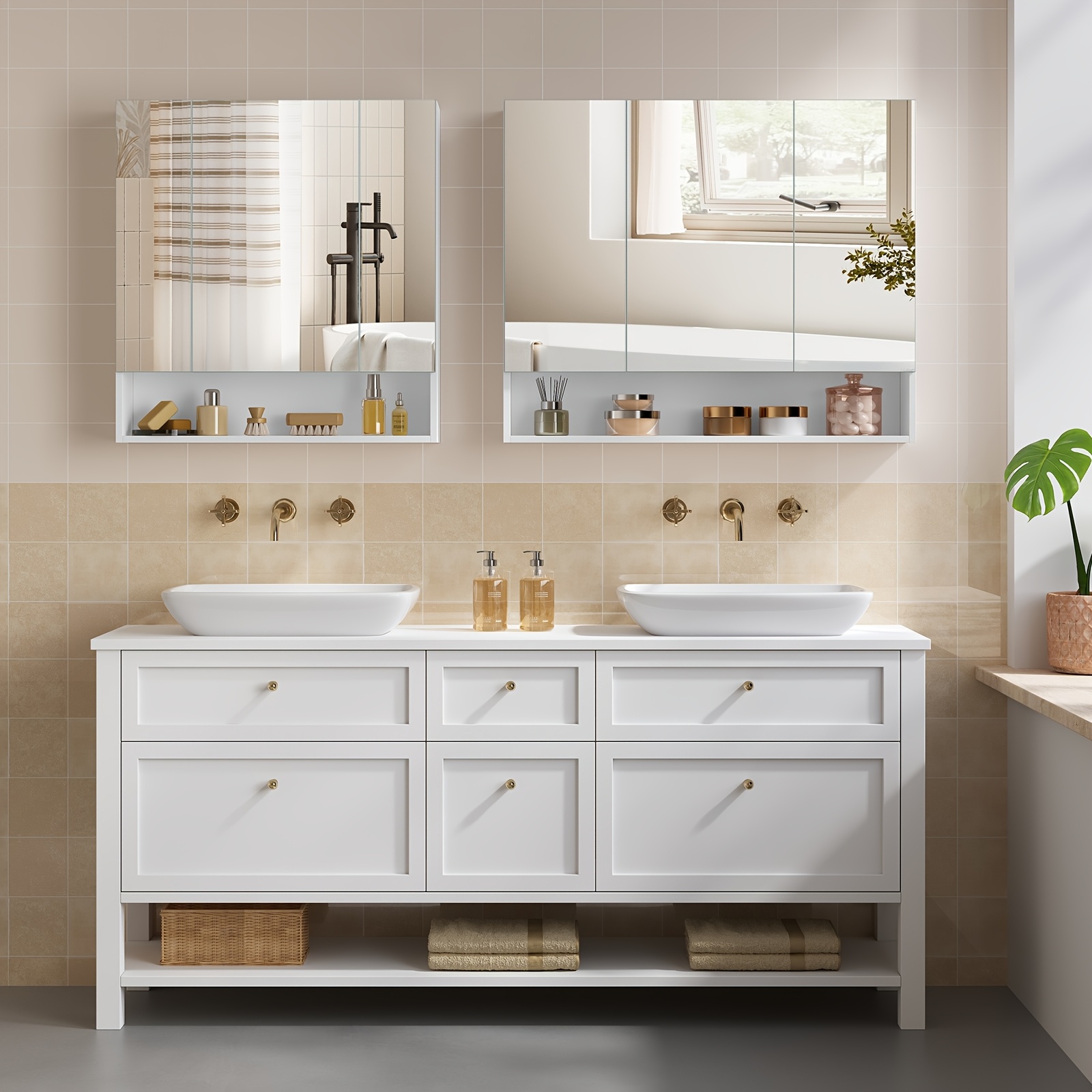 TEMU Kailyn Collection - Bathroom Mirror Cabinet, Bathroom Wall Mirror Cabinet, Open Compartment, Adjustable Shelves, 16.5 X 90 X 75 Cm