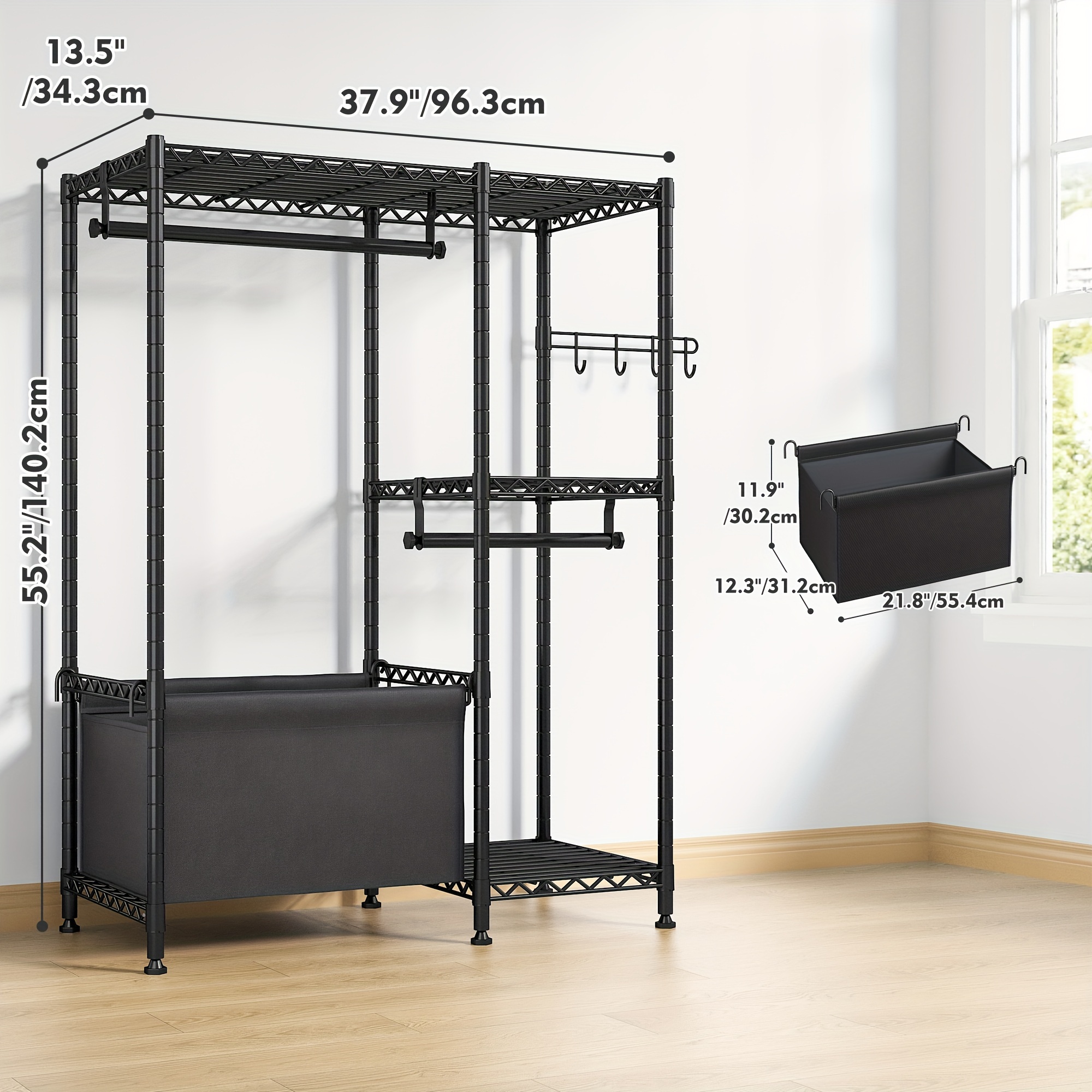 

Small Clothing Racks For Hanging Clothes, Clothes Rack With Storage Basket, Petite Portable Closet Rack With Shelves For Room, 55.2" H * 37.9" W * 13.5" D, Black