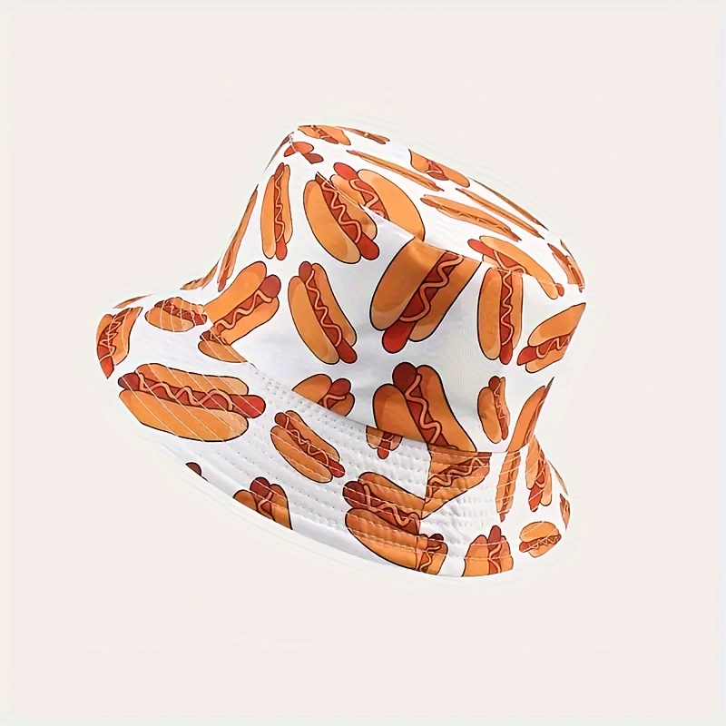 

Anime-inspired Hot Dog Print Bucket Hat For Men And Women - 100% Polyester, Non-stretch, Uv Protection Casual Outing Hat With Printed & Woven Craftsmanship - New Year's Themed Unisex Fisherman Cap