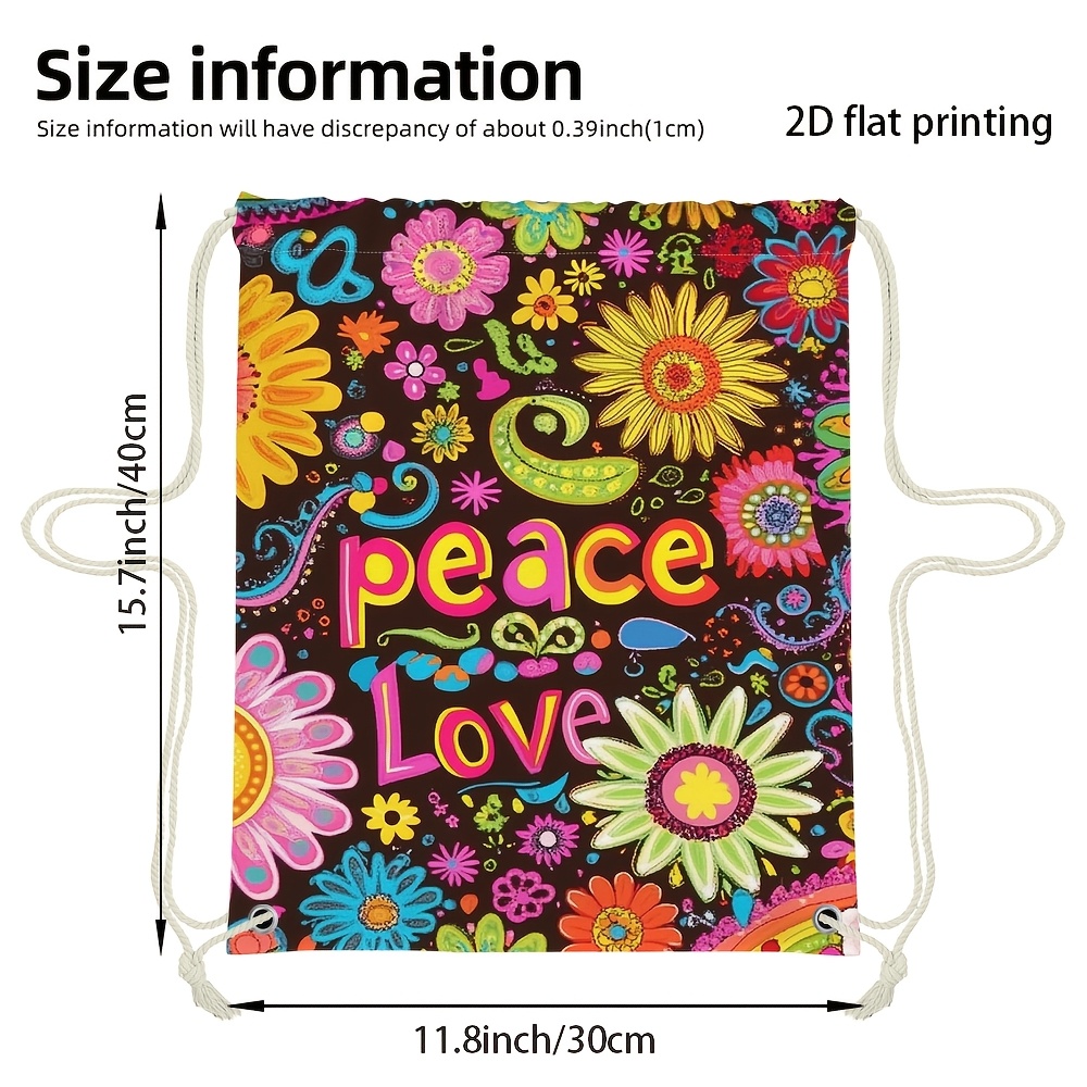 Image of 1pc Drawstring Backpack/drawstring Bags With Floral Peace Kaleidoscope Design - Unisex Flexible Bag, Compact Pouch, , , Sturdy Straps, Great For , Friend Gatherings, Toy Storage