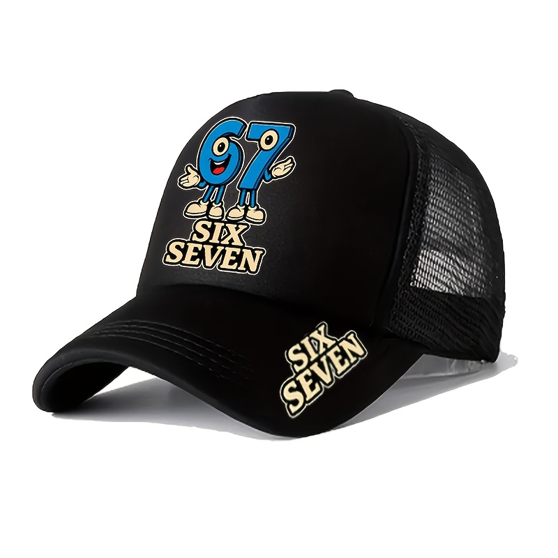 E-shop Neutrale Trend-Snapback-Cap mit Cartoon-„67“-Zahlen- Buchstaben-Aufdruck, verstellbar, atmungsaktives Mesh, modische Baseballkappe, geeignet für