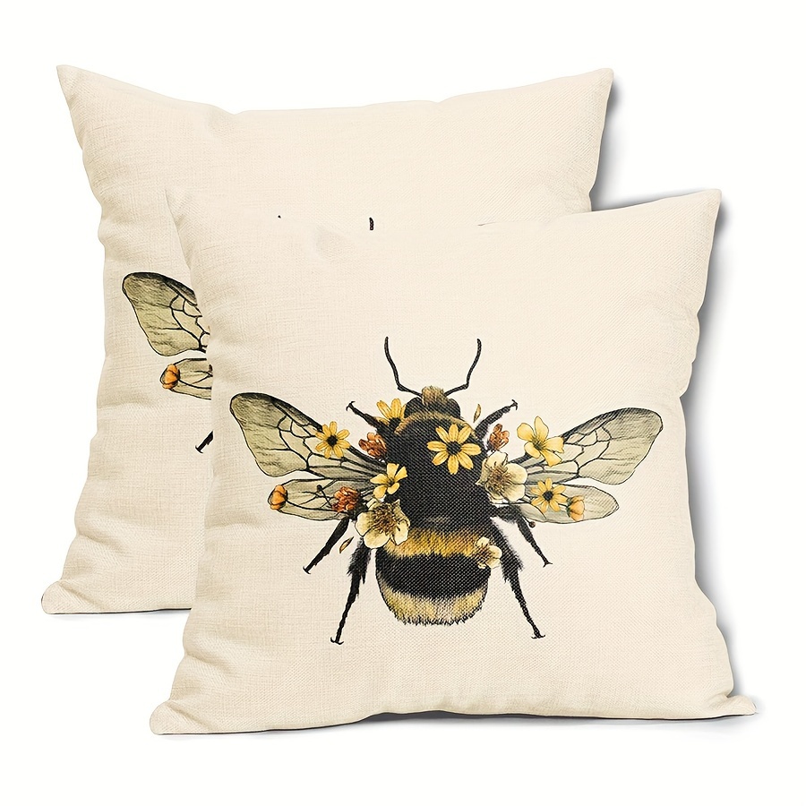 

2-pack Country-rustic Style Bee-themed Linen Throw Pillow Covers, Machine Washable, Zippered, Woven, For Various Room Types - 16x16, 18x18, 20x20 Inches (covers Only, No Insert)
