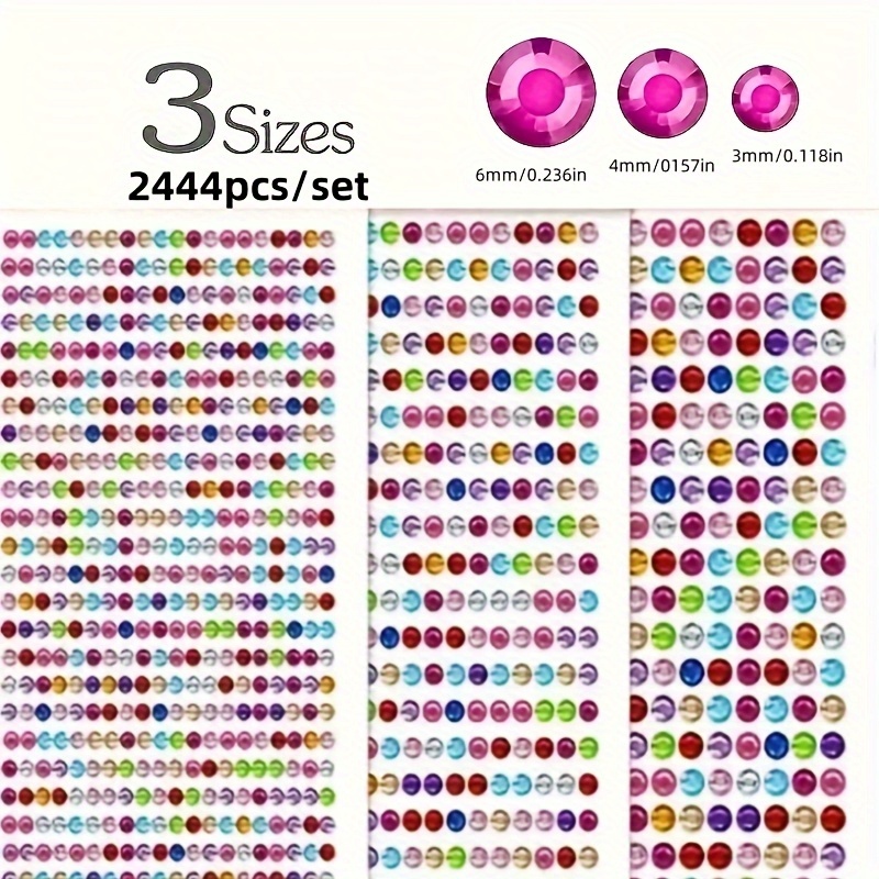 TEMU 2444pcs/set 3 Sizes Pack (3mm/1040pcs 4mm/900pcs 6mm/504pcs) Mixed Color Backing Glue Rhinestone Stickers Self-adhesive Face Decoration