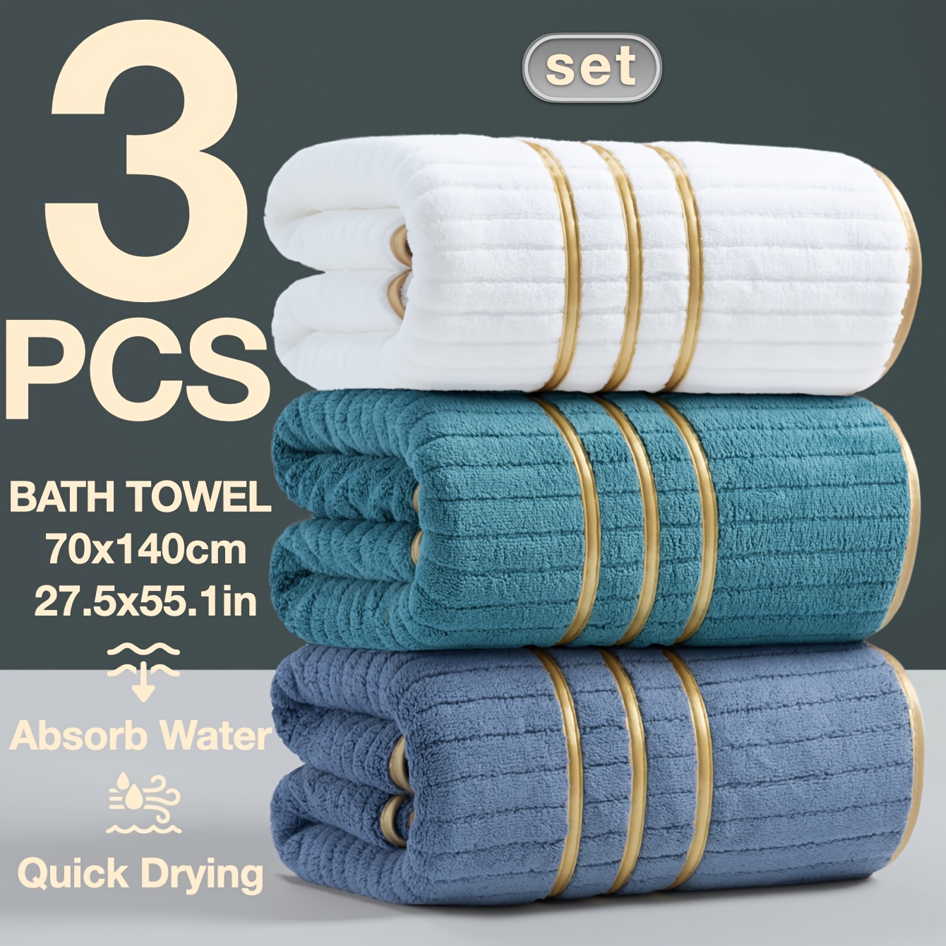 TEMU 3-delige set hoogwaardige lichte luxe minimalistische geborduurde badhanddoeken met gouden rand, 70x140cm, gestreepte badkamerset, 300gsm sauna-
