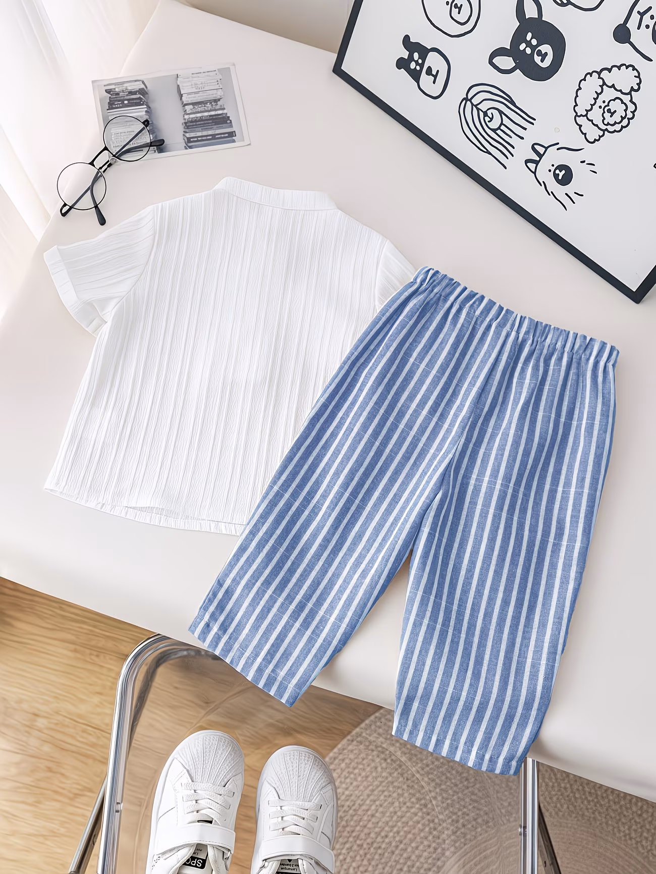 ensemble 2 pièces pour enfants, style dété, comprenant une chemise à manches courtes et col , et un pantalon décontracté à rayures, idéal pour lextérieur. 2