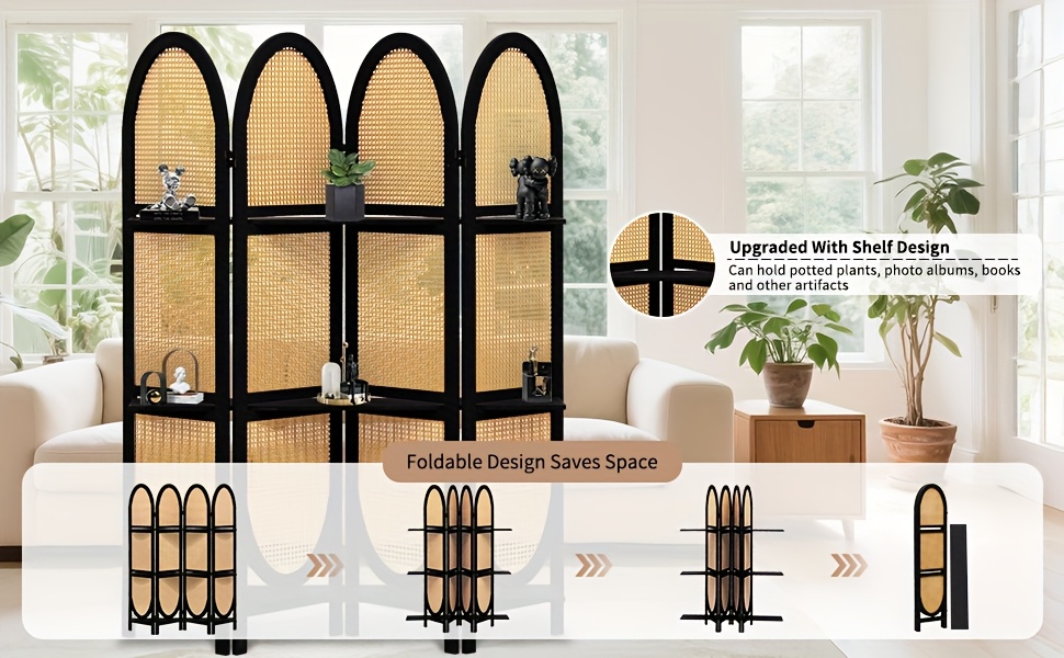 Four-Panel Wooden Room Divider, Collapsible with a Hand-Woven Rattan Privacy Screen - Room Partitions Featuring Three Display Shelves, Ideal for Home, Office, Study, Or Art Exhibitions