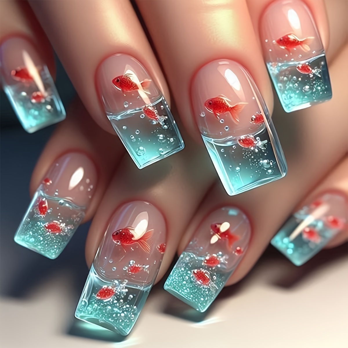 24pcs square medium length press on nails fish tank goldfish design with glossy   red teal aquarium theme   jelly   file for easy application goldfish tank   beauty accessory durable pressons