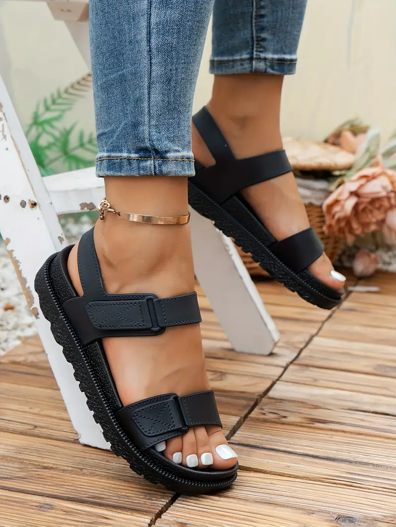 womens summer shoes with adjustable strap open toe flat sandals non slip rubber sole cushioned insole black for beach casual office extended sizes ladies shoes and sandals casual footwear opentoe sandals durable pvc upper beach sandals retro style soft sole comfortable sandals travel sandals Product details 0