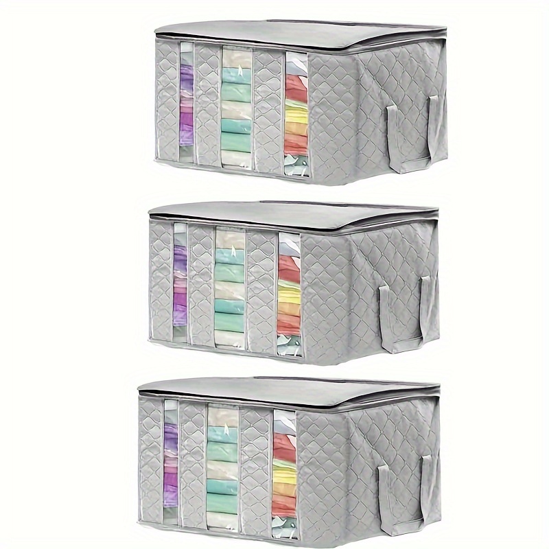 

3 Pack 63l Clothes Storage Bag, Foldable Storage Boxes Wardrobe Storage Organiser Moving Bag With Reinforced Handle Sturdy Fabric Clear Window For Towel, Sweater, Bedding, Toys, Light Grey