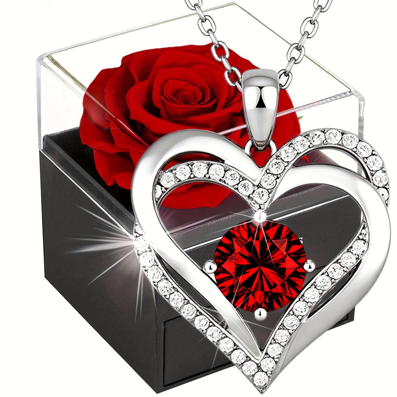 Valentine's Day Couple's Fashion Necklace Set With Red Rose Gift Box, Perfect For Dates, Birthday Gifts, And Surprise Presents