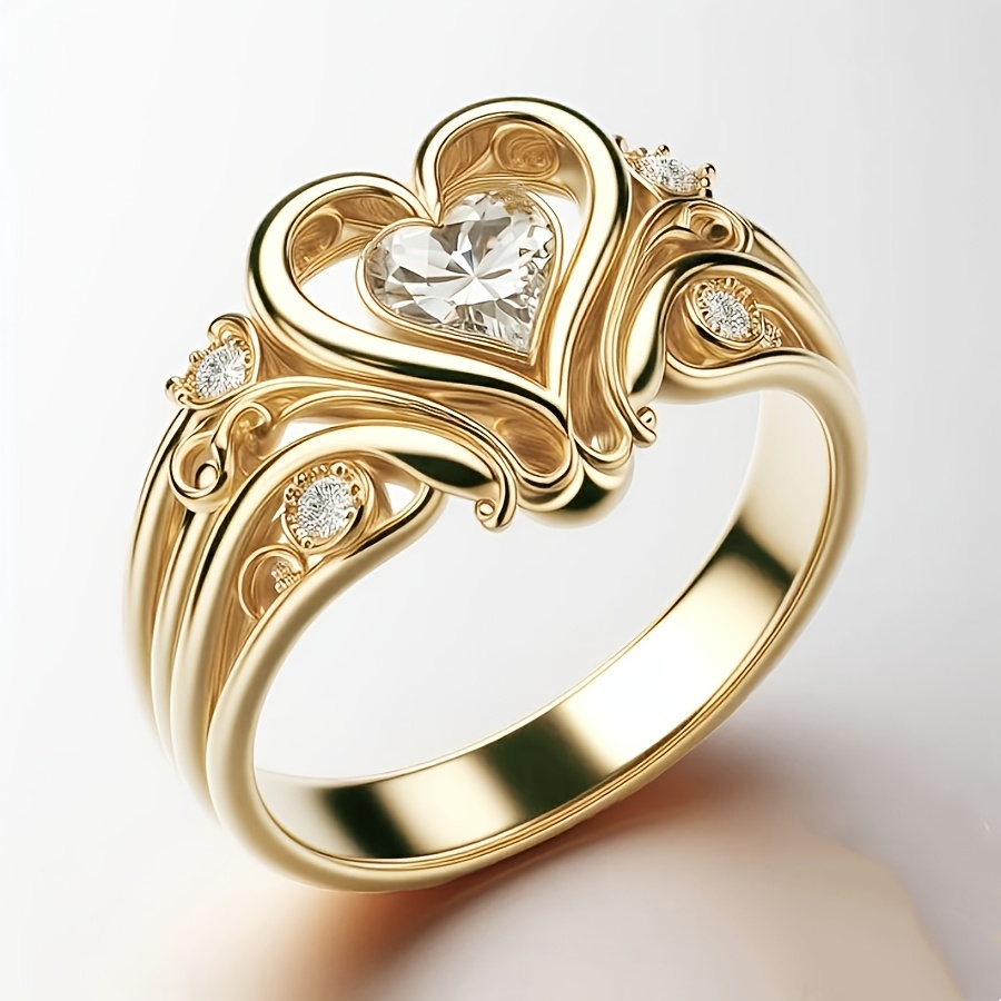 Image of Elegant Heart-shaped Copper Ring, Inlaid With Cubic Zirconia - A Symbol Of , For Birthdays, Christmas And Anniversaries