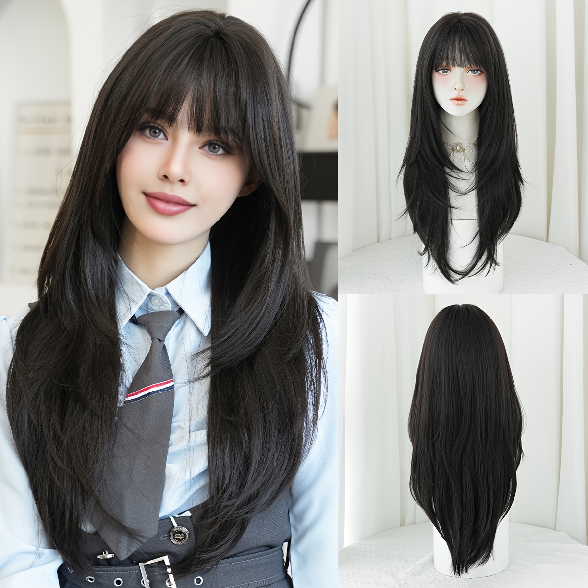 

7jhh Wigs Elegant Long Straight Black High-density Wigs With Bangs For Women, 150% Density Synthetic Hair, Heat Resistant Fiber, Universal Cap, Suitable For Daily & Party Use