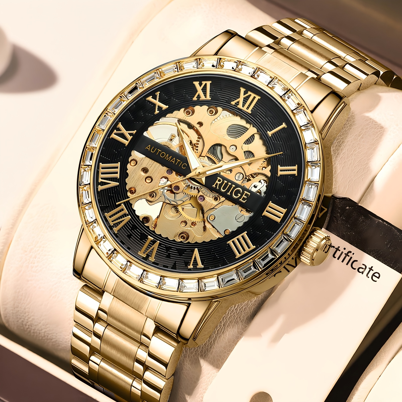 Image of Ruige Premium Gift Golden Skeleton Watch, Black Dial, Fully Automatic Mechanical Watch, Stainless Steel Strap, Suitable As A Birthday Gift For Men, Without Battery