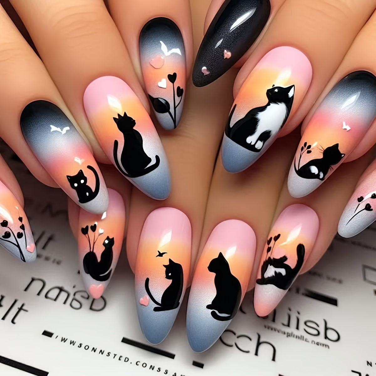 Image of 24pcs Mid-length Cat-themed Almond Press-on Nails, Black Cat Silhouette Pattern With Heart And Plant Decorations, Complete With Jelly Glue And Nail Files For Women' Use And Parties
