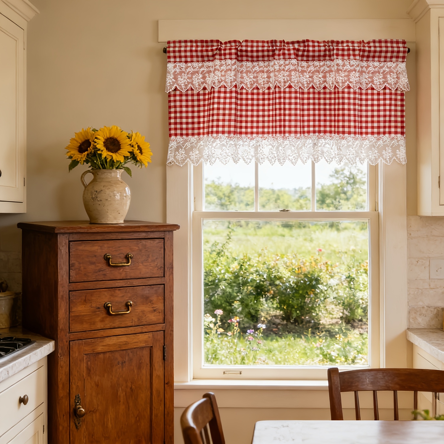 1 Red Short Curtain With White Lace Embroidery Trim, Style Short Valance Curtain For Kitchen Windows, With Rod Pocket, Curtain