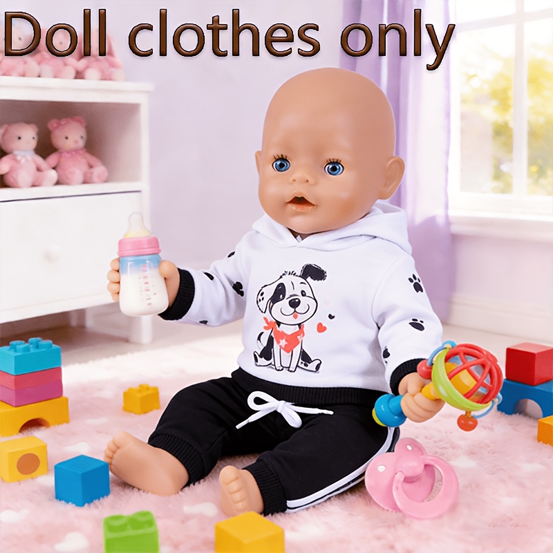 Image of Puppy-themed Hoodie Set (doll Not Included). Features A Hooded Sweatshirt And Drawstring Pants For A Casual, Stylish Look. In Black And Brown Puppies - The Perfect Surprise Gift For Kids This