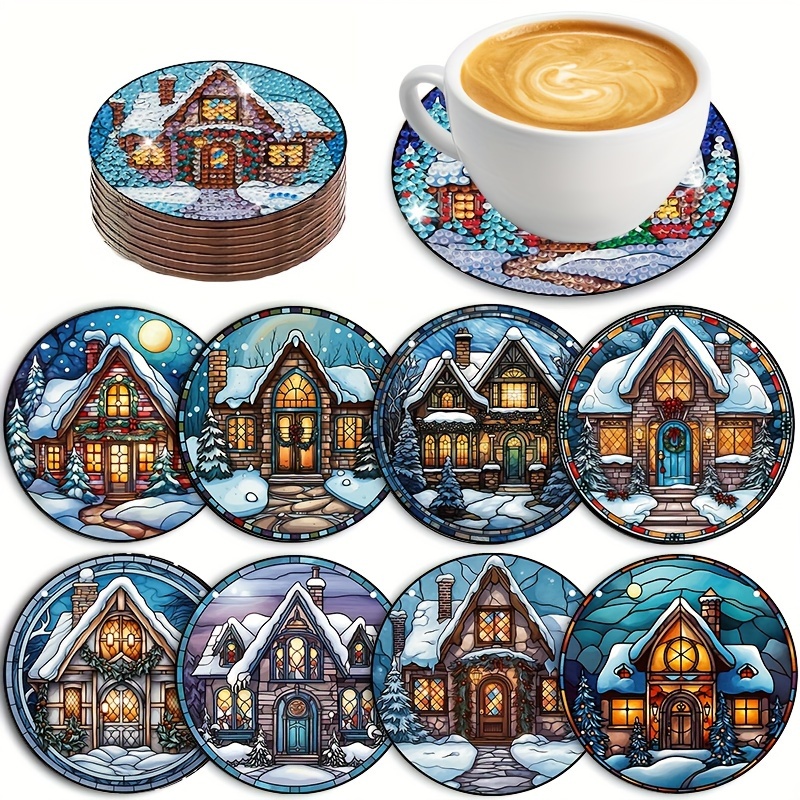 

8pcs/set Of House Pattern Diamond Art Coaster Set "without Bracket", Diy Creative Diamond Art Coasters, Holiday Gifts