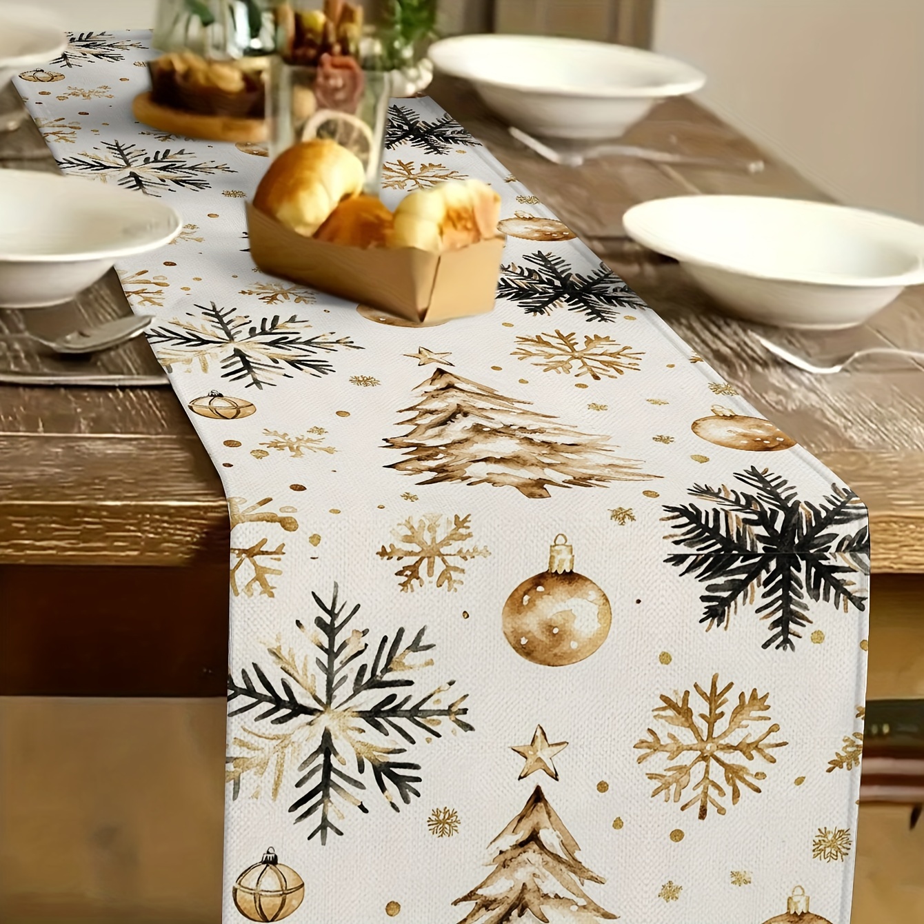 

Festive Christmas Table Runner: Golden Christmas Trees, Ornaments & Snowflakes On , Holiday Dining Decor