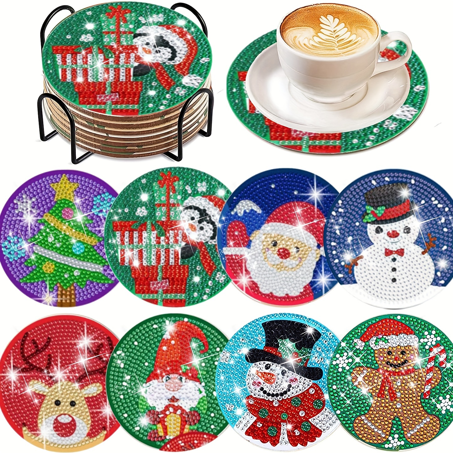 

Holiday-themed 8-piece Diamond Painting Coaster Kit With Stand, Round Diamond Art Craft For Beginners, Diy Full Drill Set With Including Snowman And Other Seasonal Characters - Wooden Material