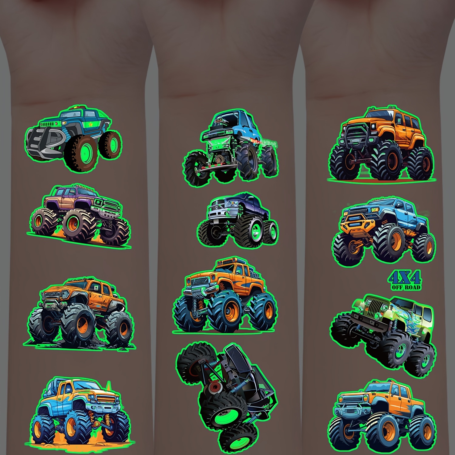 

10 Pack Of Glow-in-the-dark Monster Truck Temporary Tattoos - Waterproof, Durable, And Artistic Body Decals For Fun