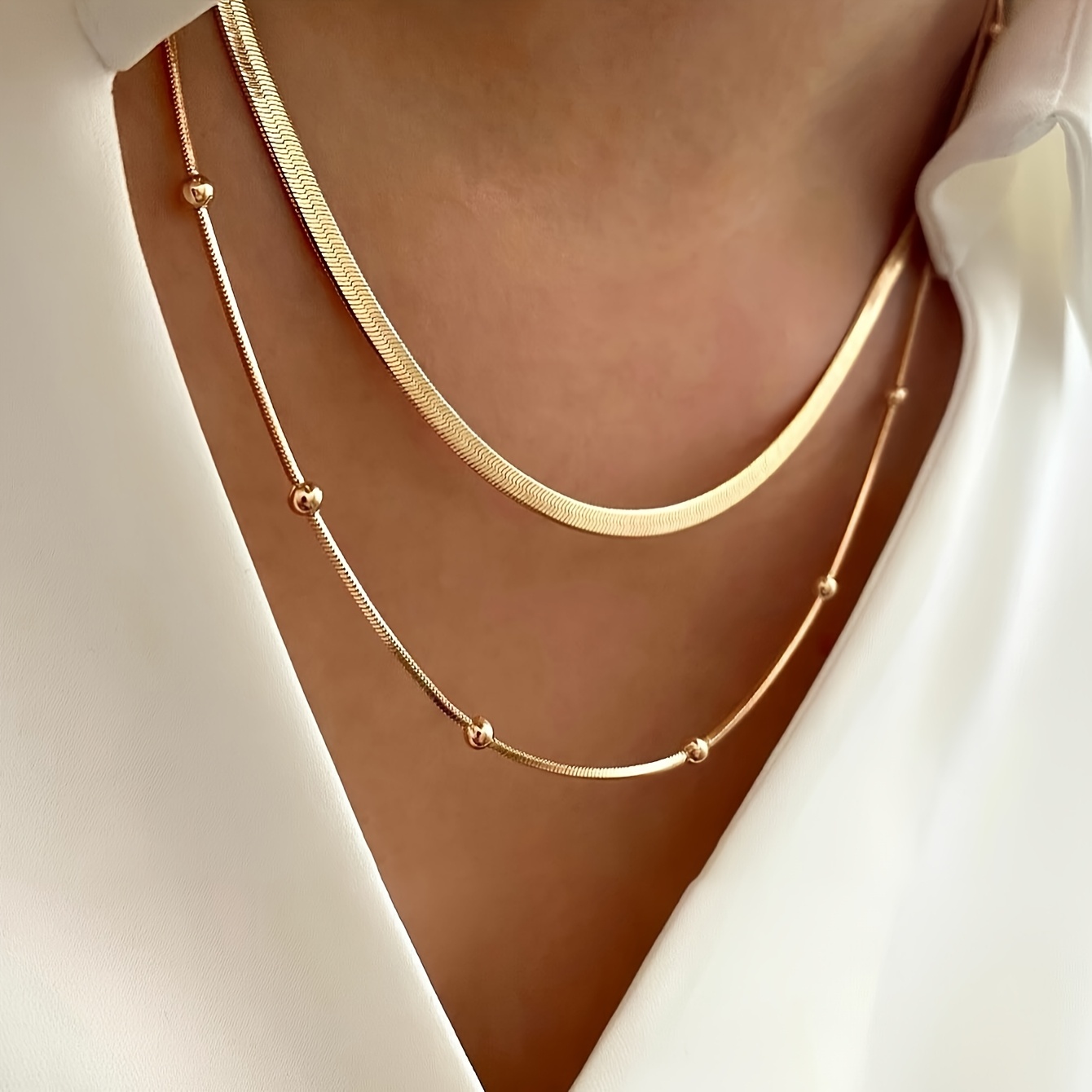 2pcs Luxury Classic Lightweight Elegant Double-layer Stackable Stainless Steel Necklace Set For Women, Suitable For Casual Attire