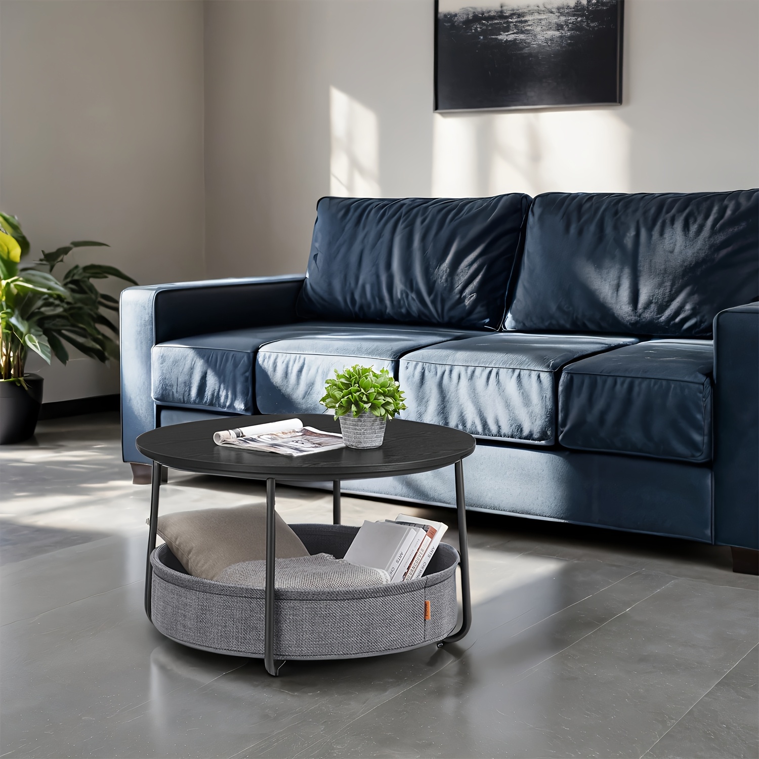 E-shop Runder Couchtisch, Beistelltisch mit Stauraum, Wohnzimmertisch mit Stoffkorb, modern, Metallgestell