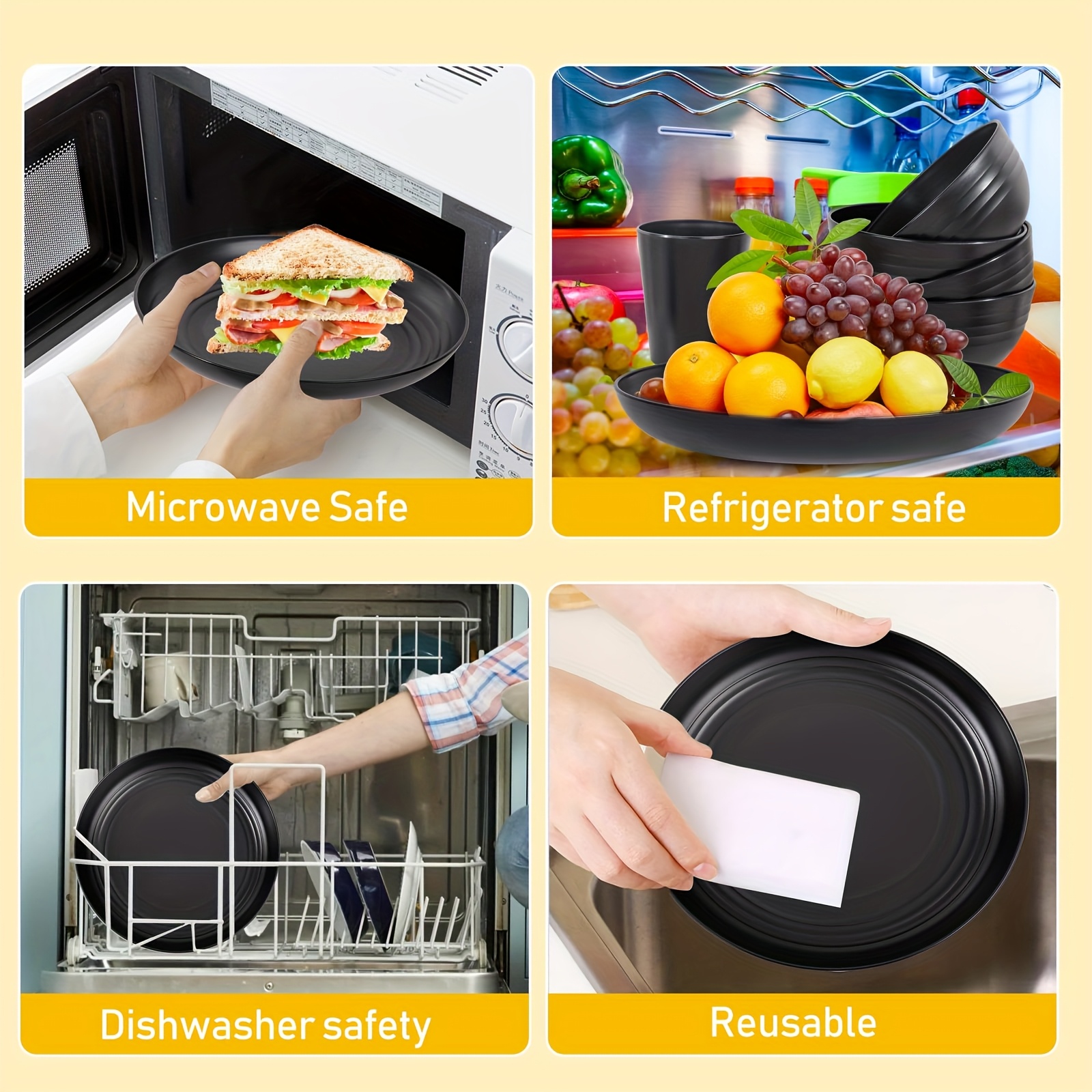 Set of Black Wheat Straw Tableware, Featuring Integrated Plates And Bowls, Suitable for Microwave And Dishwasher Use, Perfect for a Valentine'S Day Party