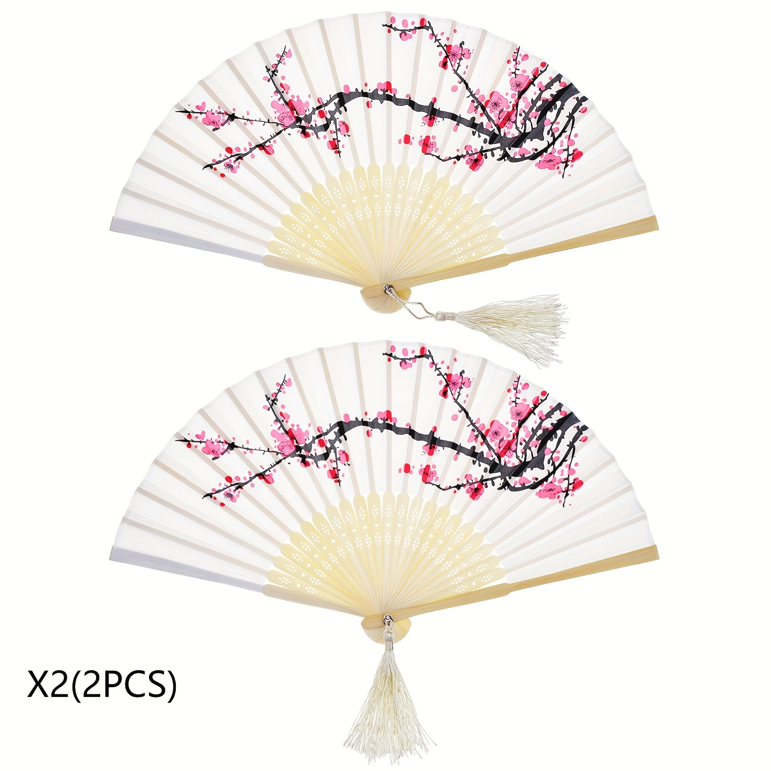 Image of 2pcs Vintage Bamboo Folding Fans With Cherry Design - Handheld Paper & Bamboo Fans For Weddings, Parties, Festivals, And Home Decor