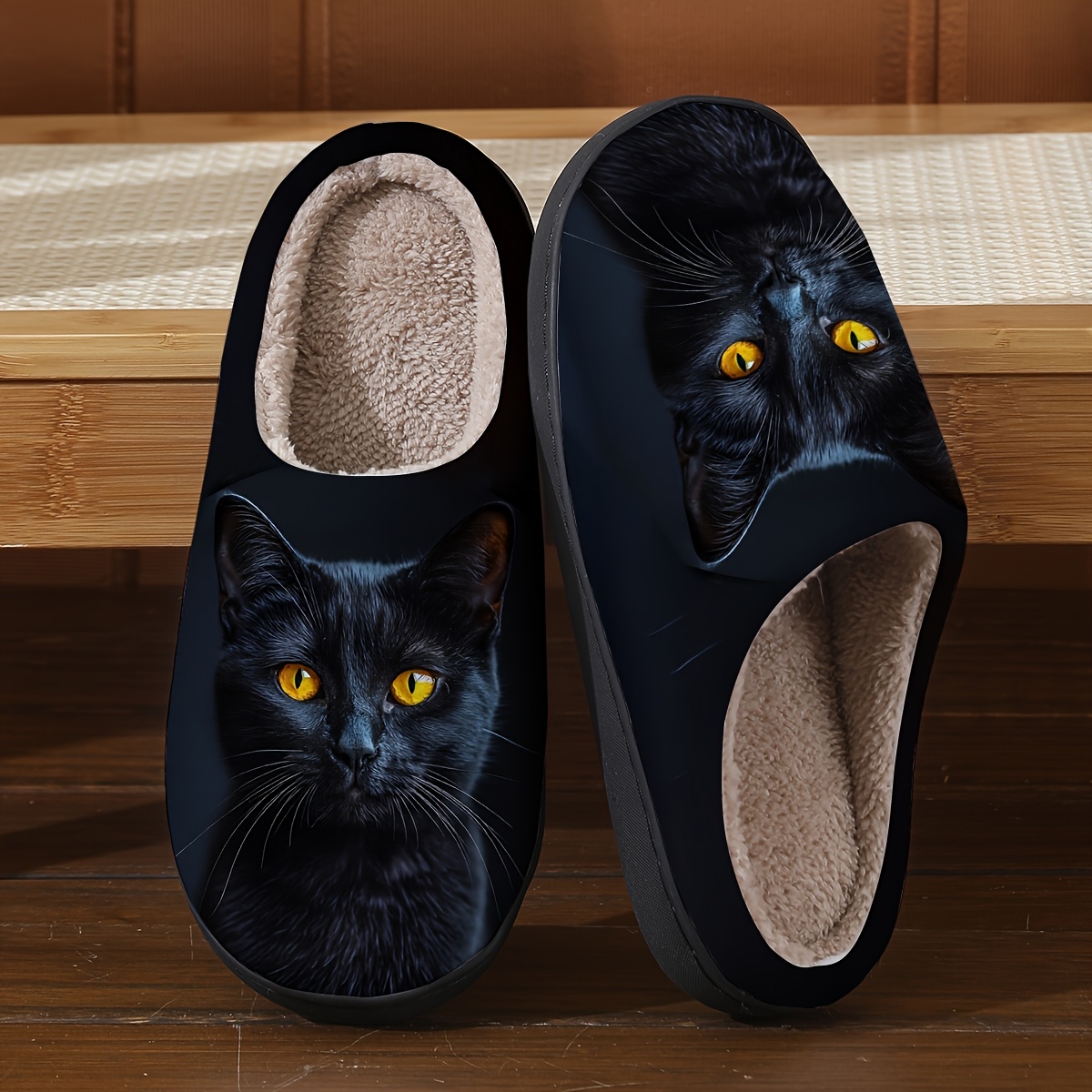 TEMU Women's Winter Slippers, Slippers, Indoor Slippers, 2d Pattern Print Slippers, Black Cat With Yellow Eyes Realistic Print, Suitable For