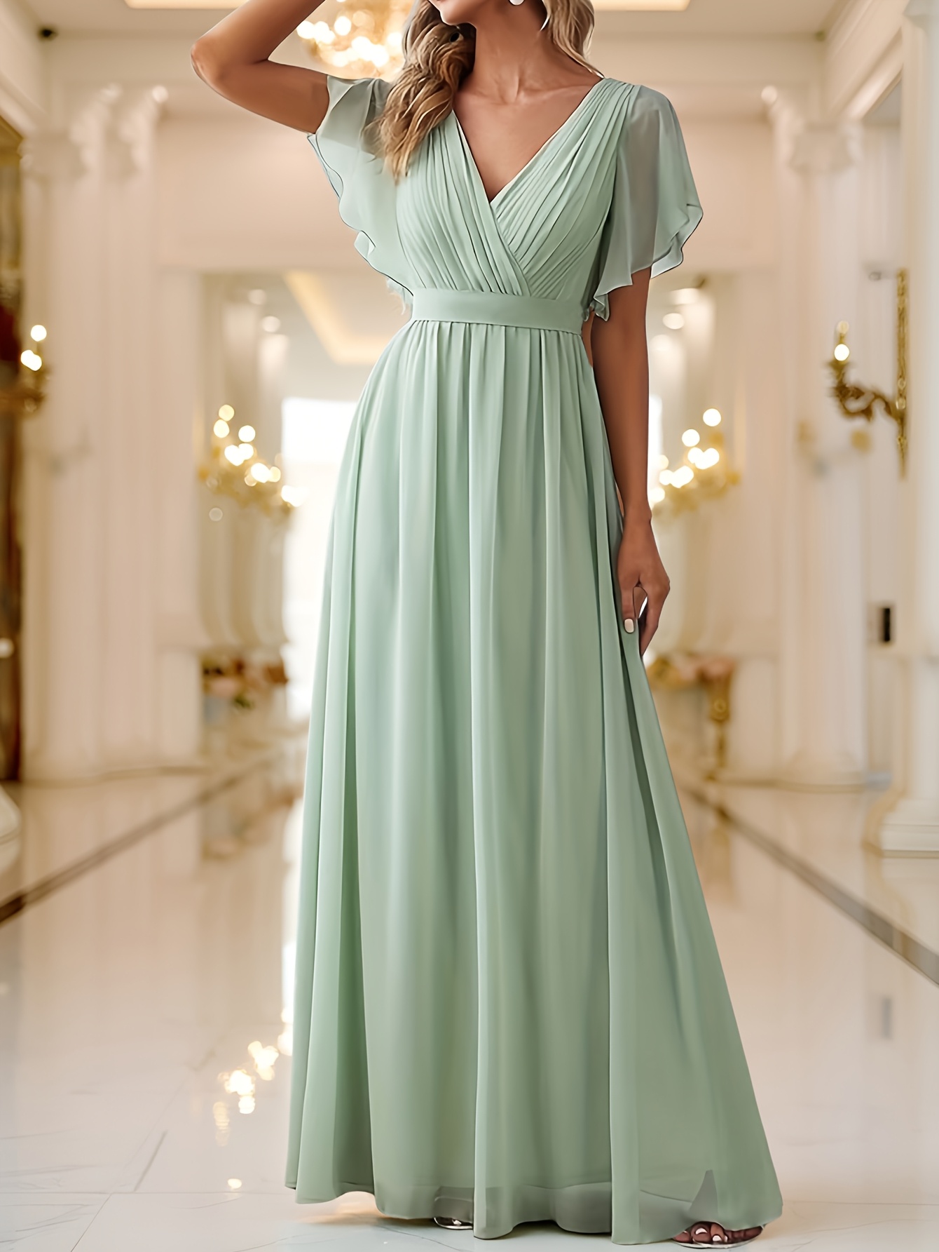 water lily sleeve chiffon satin waist evening gown