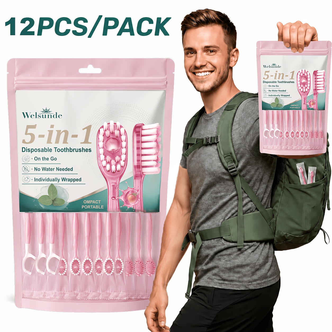 12pcs 5-In-1 Peach Pop Beads Travel Toothbrush Set