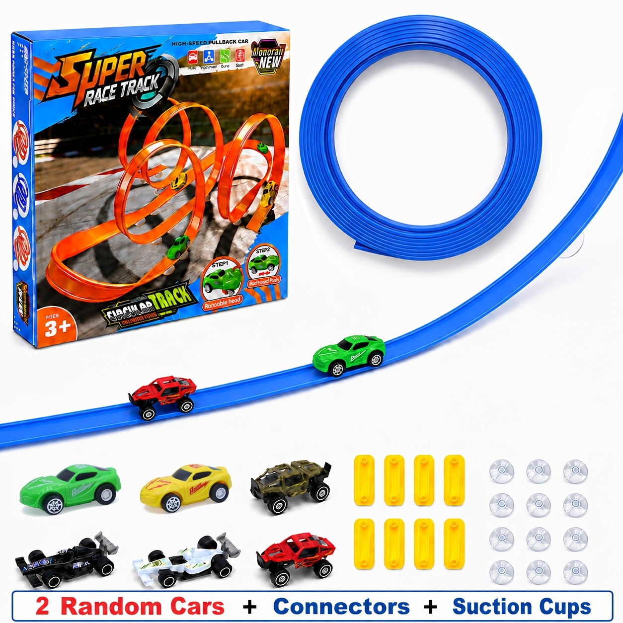 TEMU 15ft Flexible Race Track For Kids, Single Rail Car Racing Ramp, Portable Roll Up Race Track, Compatible With 1/64 Scale Diecast Cars, Pull Back