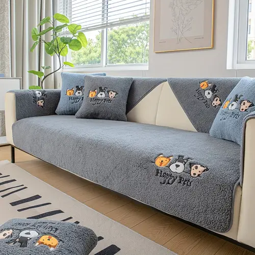 1pc cozy sherpa sofa cover thickened plush non slip pet friendly furniture protector with animal embroidery design gray sofa covers for living room bedroom office fits 1 4 seater sectional sofas sectional sofa cover