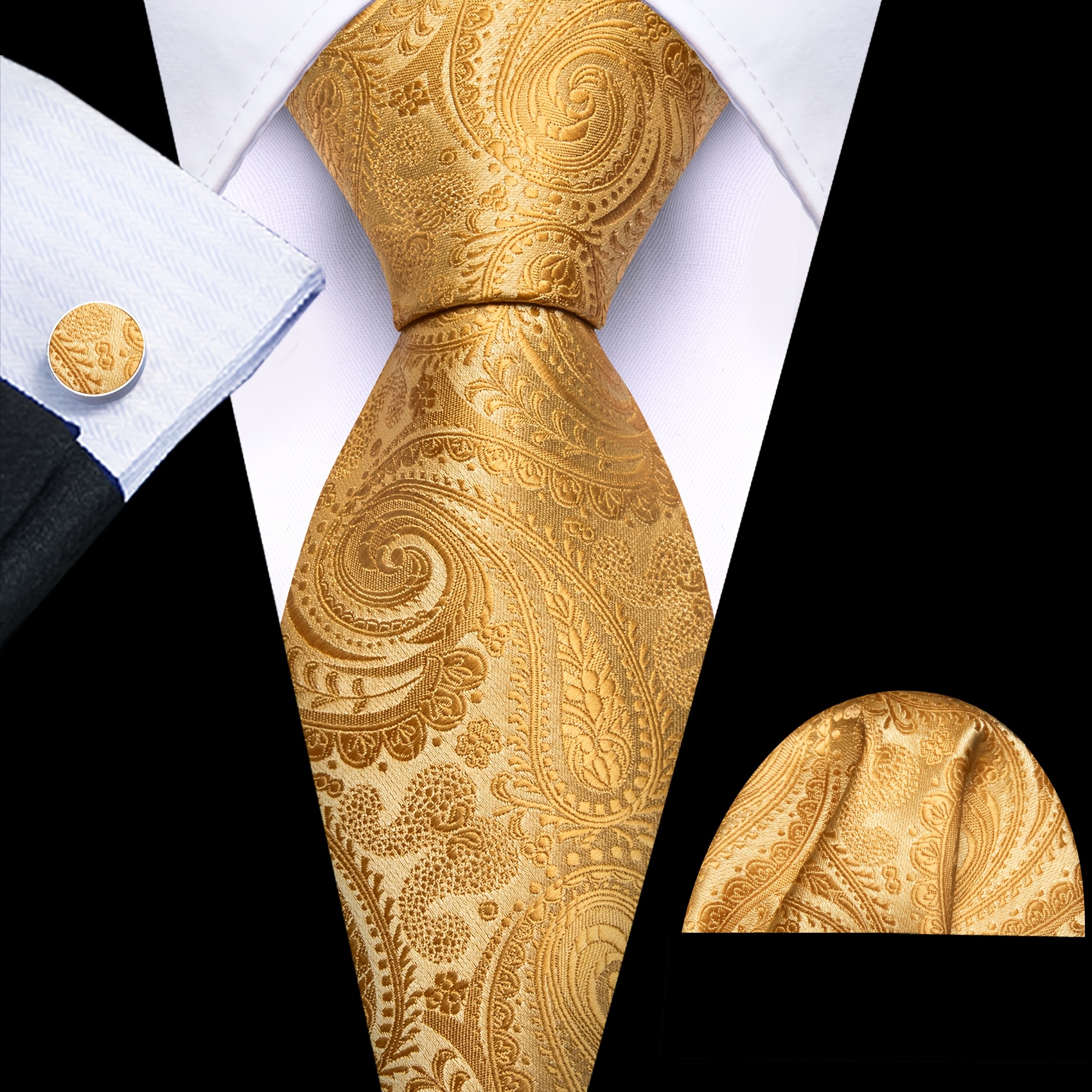 Image of Men's Yellow Necktie With Matching Pocket Square & Cufflinks | Solid Color Business Dress Accessory, Elegant Formal Party Wedding Suit Tie For Professional Attire - , Woven Fabric