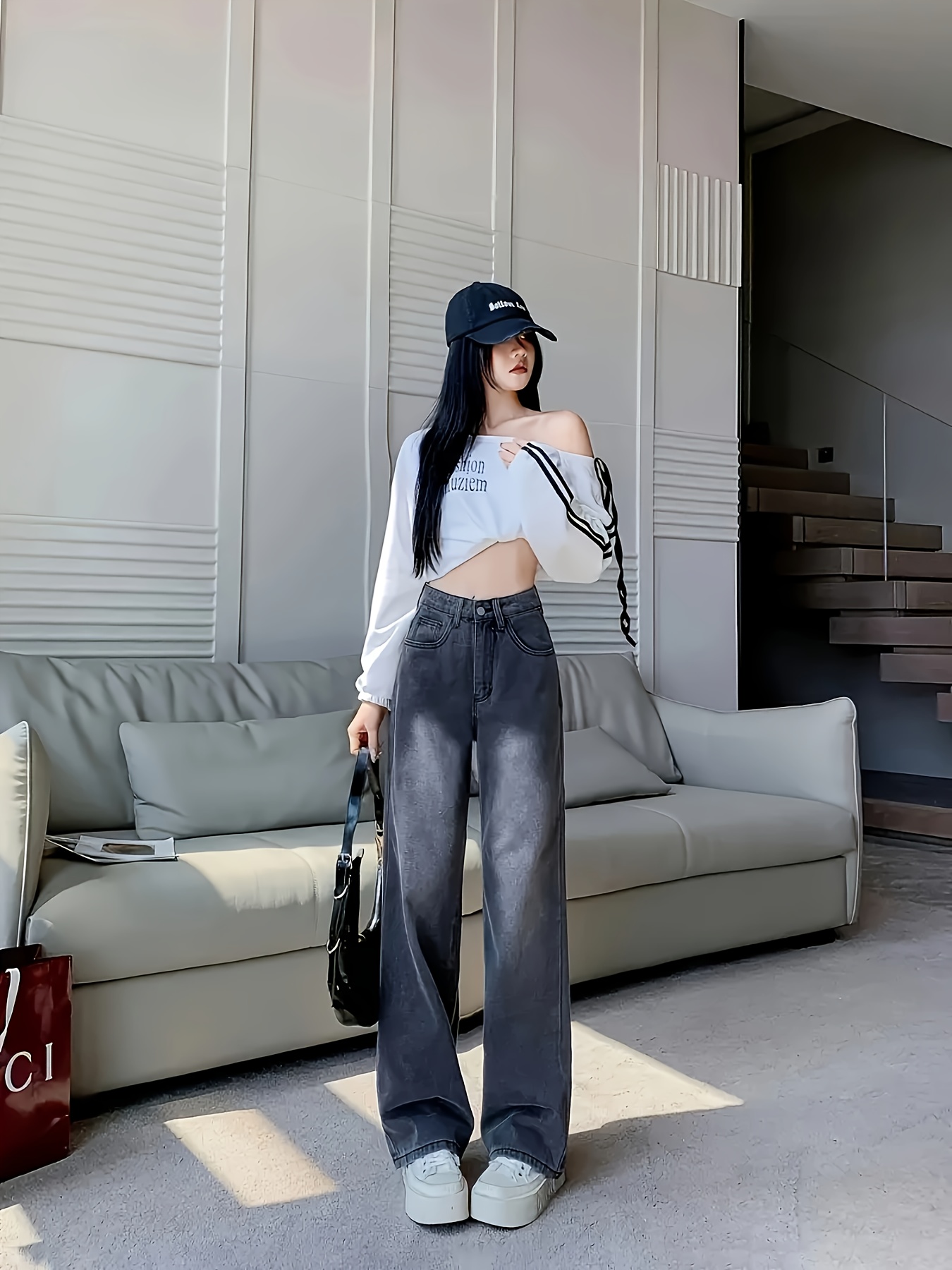 korean style bow embroidery high waisted straight leg jeans Temu