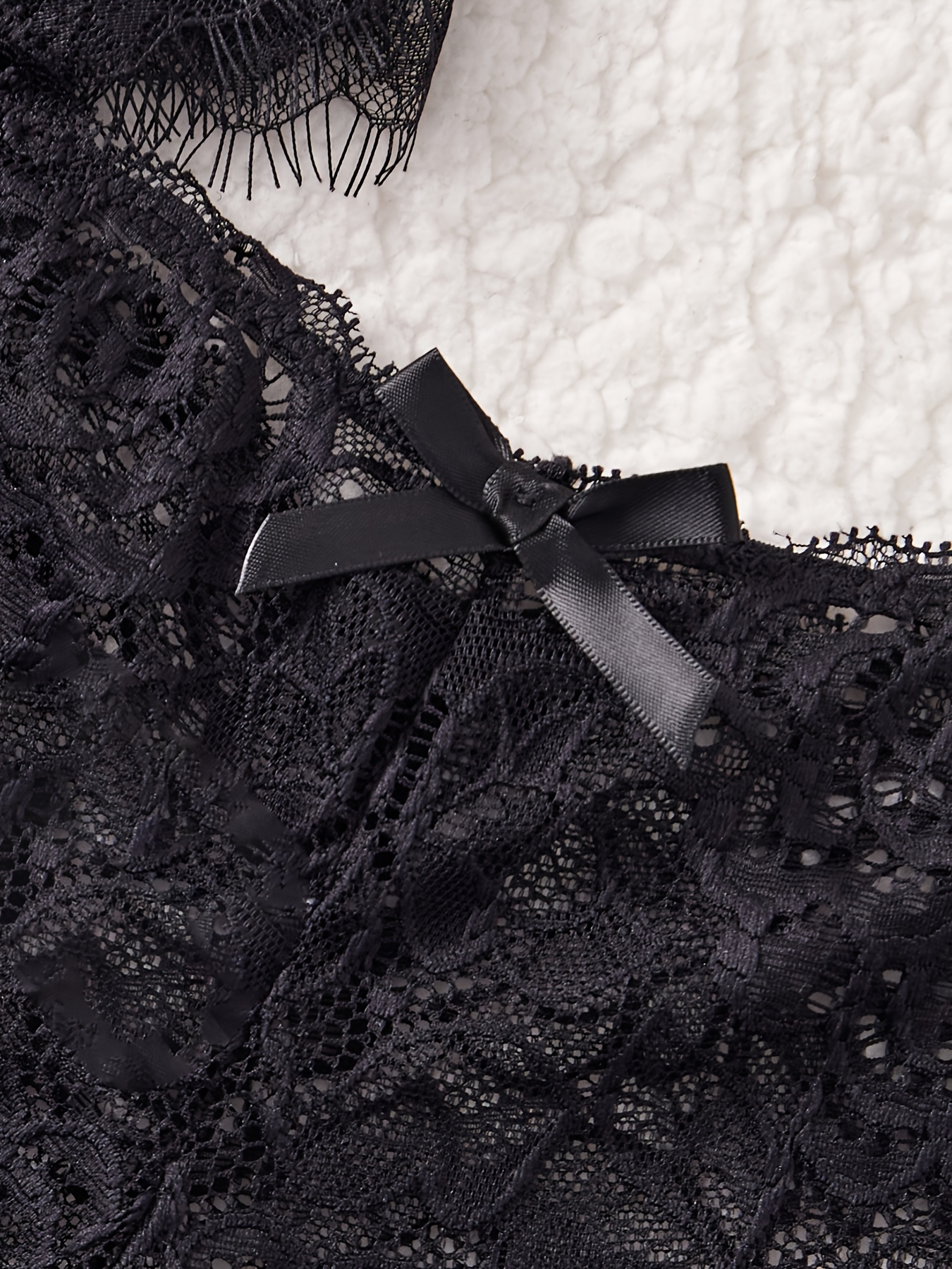 a lingerie robe set featuring eyelash lace wave decorations ribbons a   two piece outfit and a beautifully designed kimono bathrobe Product details 5