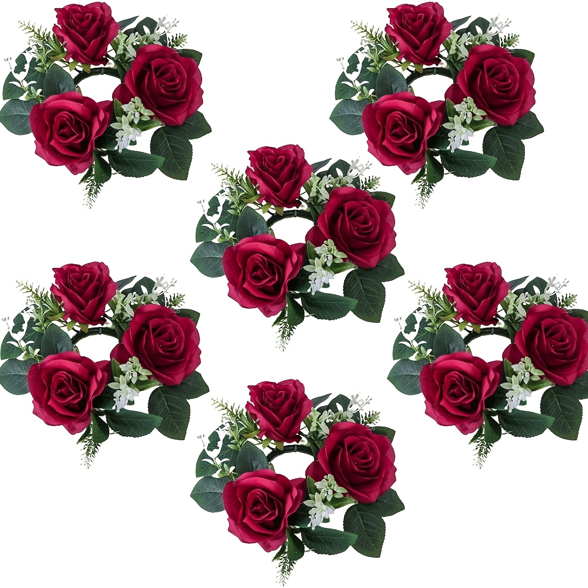 Image of 6pcs Wedding Rose Candle Rings Artificial Floral Wreaths With Green Leaves White Flower Candle Rings Candleholders Garland For Wedding Valentine's Day Pillar Centerpiece Party Table Decor