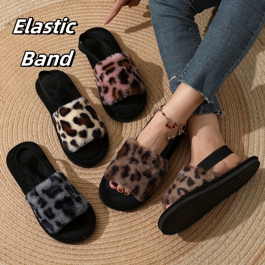 

Leopard Print Fuzzy Flat Slippers, Open Toe Elastic Strap Slip On Shoes, Cozy & Warm Home Slipper Sandals