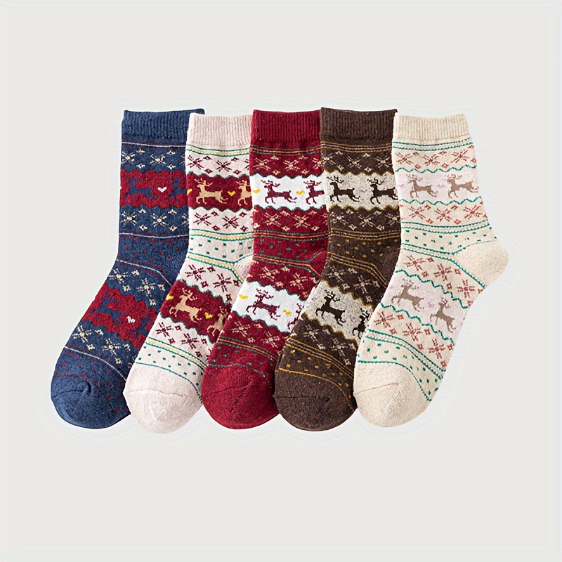 TEMU 5pcs Women's Cozy Socks - Soft, Stretchy Christmas Reindeer & Pattern Ankle Socks For Autumn/winter