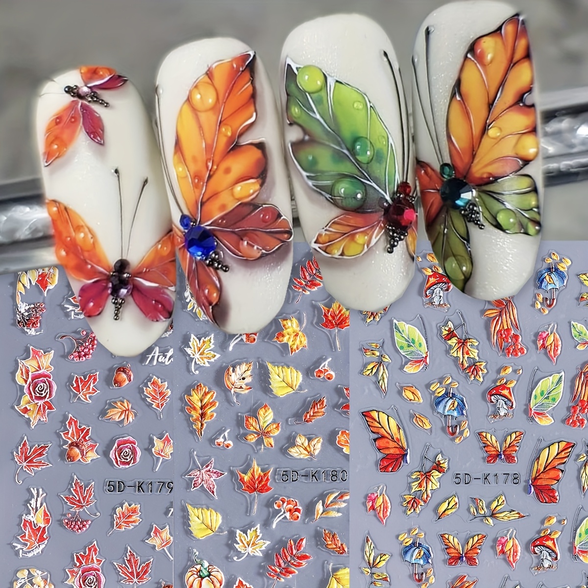 Kalolary Herbst Nagelsticker 12 Blätter – 3D Aufkleber Mit Ahorn, Kürbis, Eichhörnchen Für DIY