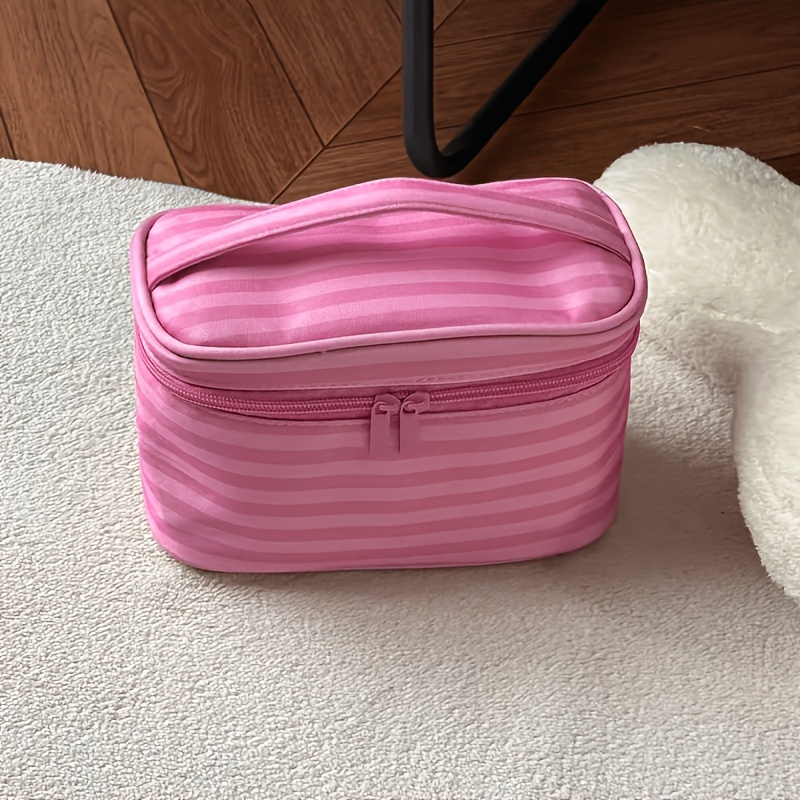 TEMU Pink Striped Cosmetic Bag, Large Capacity, Sturdy And Portable, Travel Essential For Makeup Storage, Perfect As Holiday Gifts Or Souvenirs