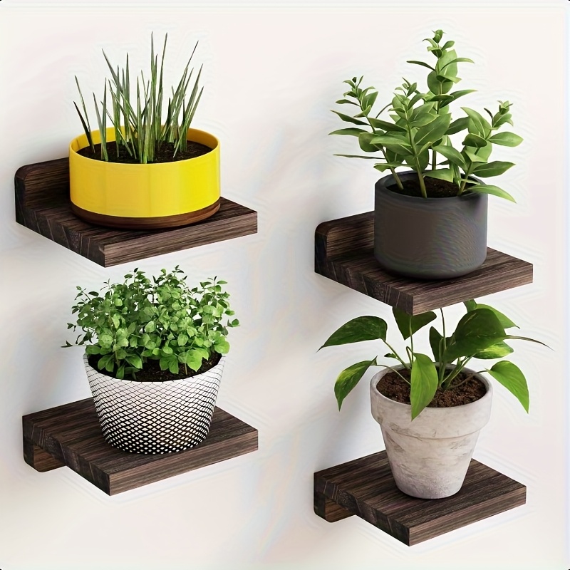 Image of 4pcs, Small Floating Shelves Wall Shelf Set Of 4 Rustic Wood Small Wall Mounted Shelves For Bedroom Living Room Kitchen Bathroom Decor Dark Carbonized Black, Floating Shelves
