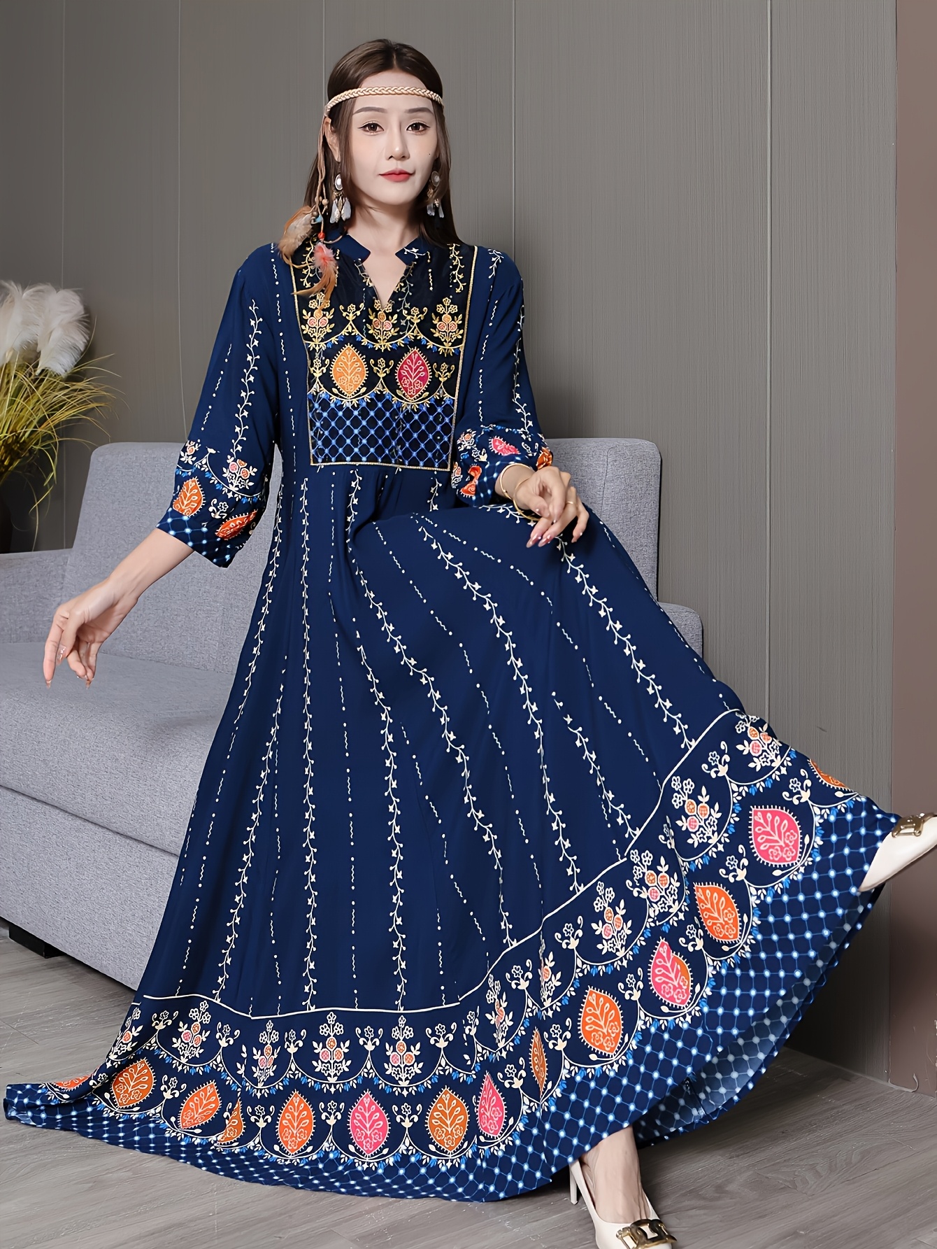 elegant middle eastern bohemian embroidered maxi dress navy - Temu Oman