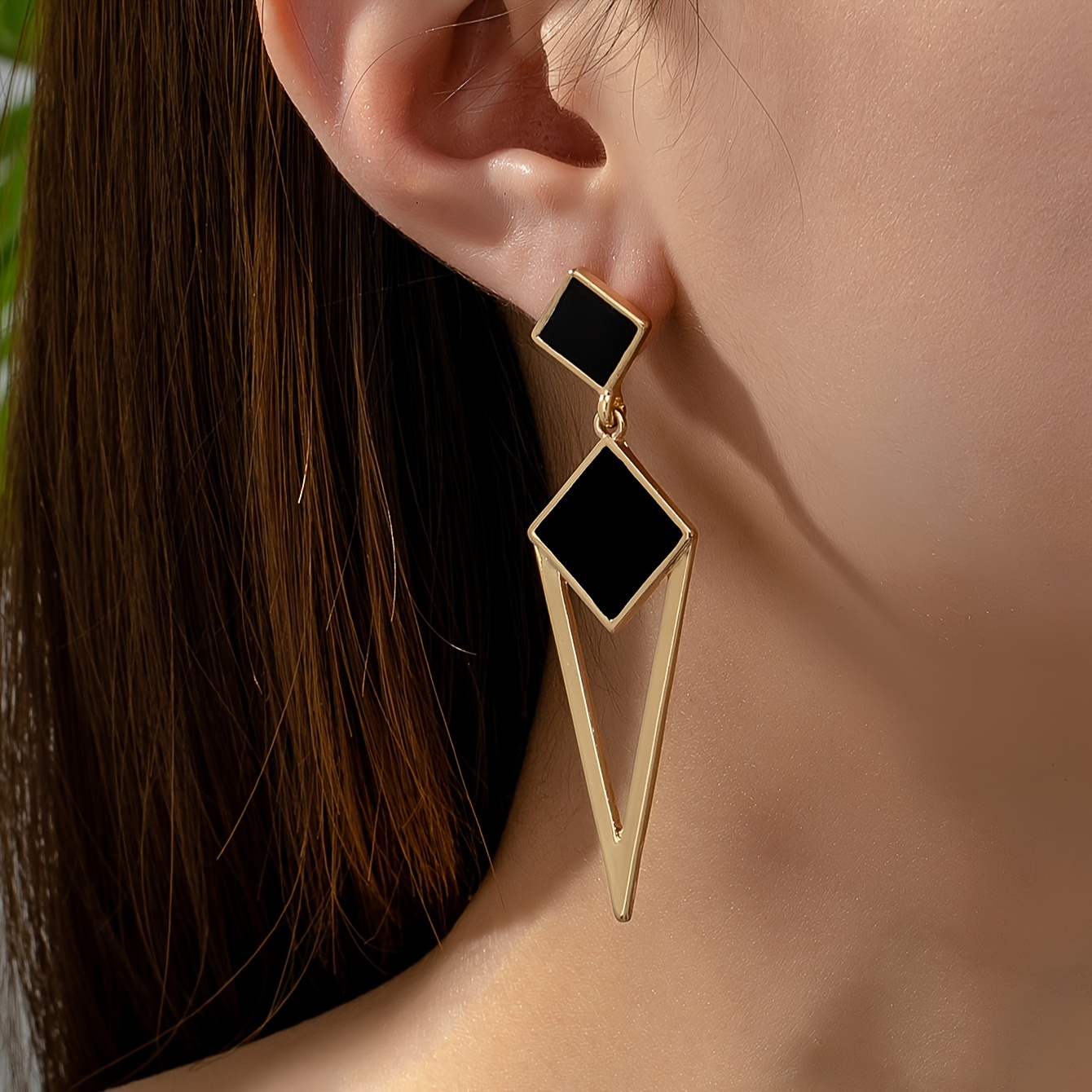 elegant geometric dangle earrings 18k gold plated zinc alloy with black enamel accents sexy drop earrings for women ideal for   parties   details 3