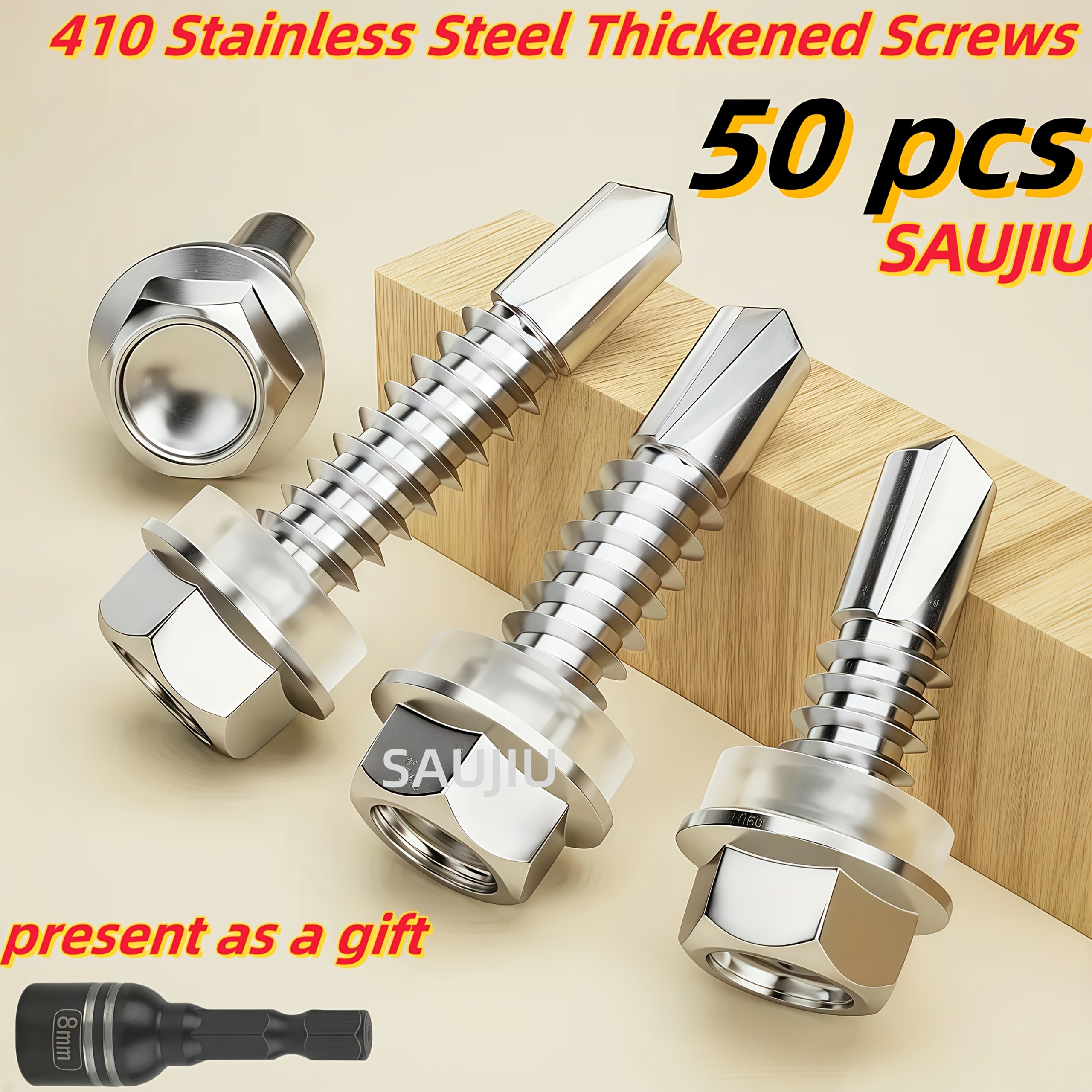 E-shop 50 Stück 410 Edelstahl Sechskantmuttern TEK Selbstschneidende Schrauben mit -Unterteilungen, 5mm Grobgewinde für Metall/Möbel, Magnetisch,