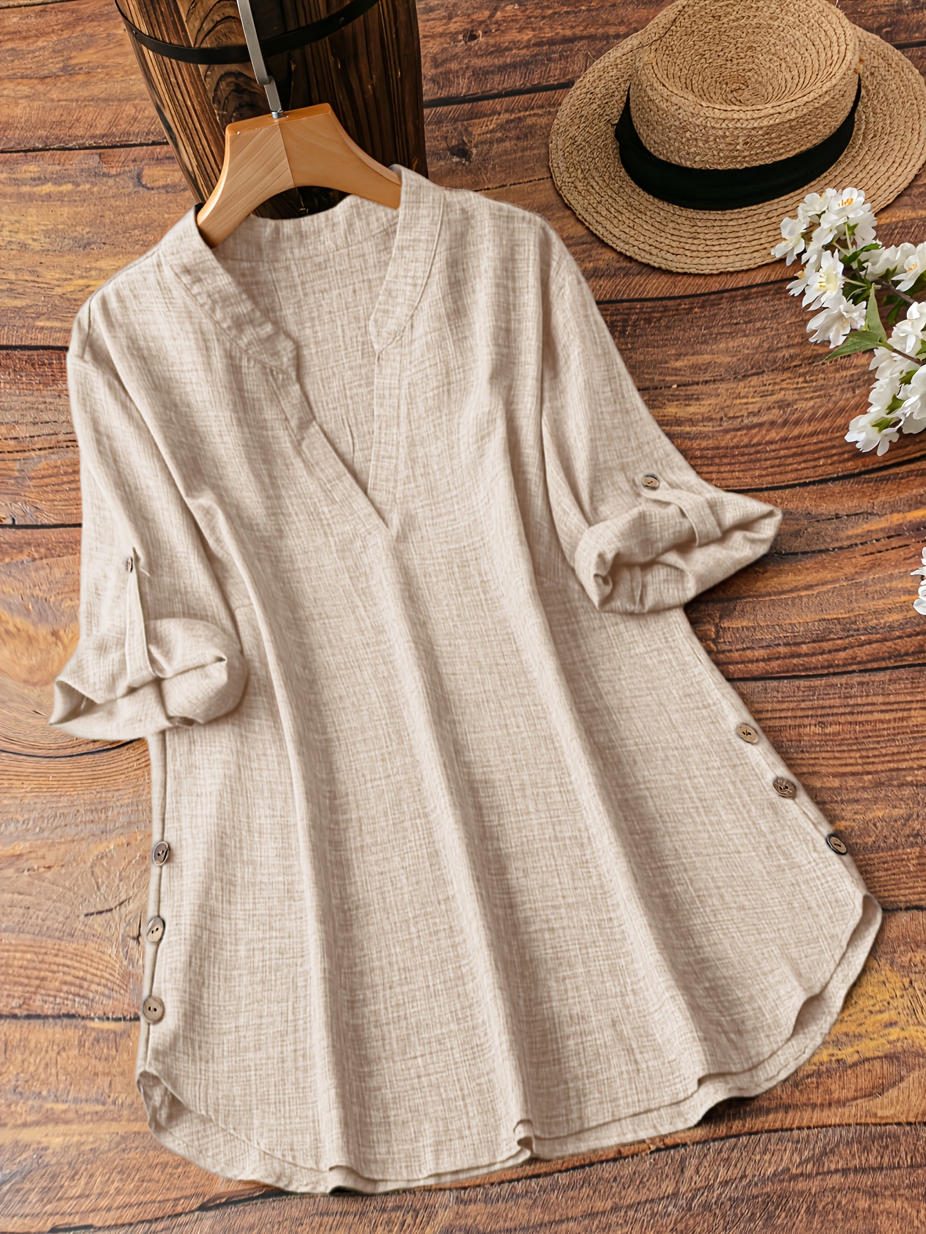 Plus Size Women's New Shirt in Minimalist Style with V-Neck and Long Sleeves, Faux Button Design