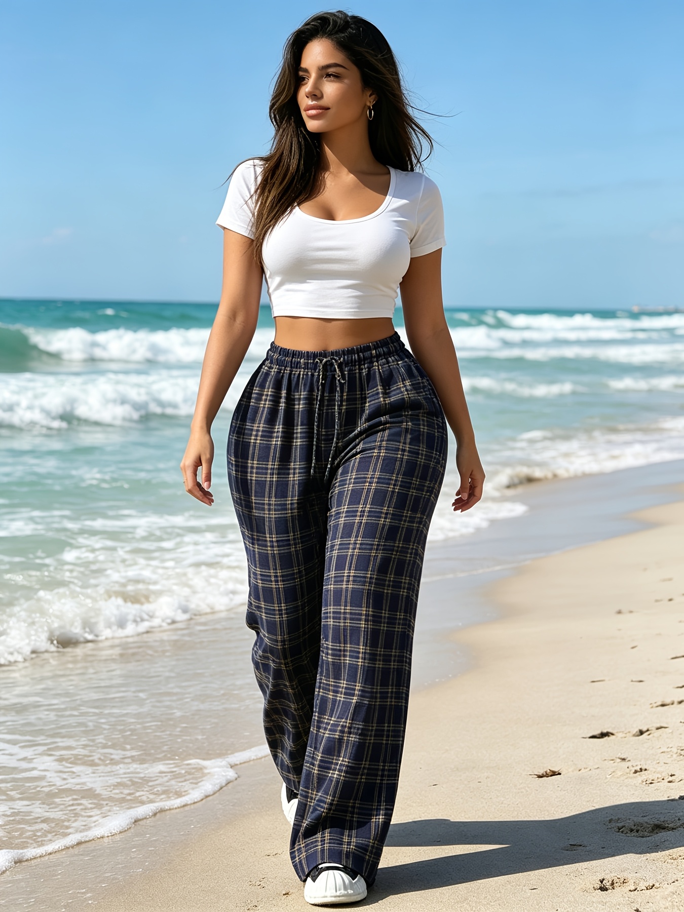 womens classic plaid   pants loose fit with drawstring and pockets suitable for   office wear and daily wear