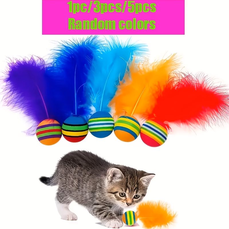 1 3 5 pack toy balls ow colored balls with artificial feathers indoor inte cat toys feline play Product details 1