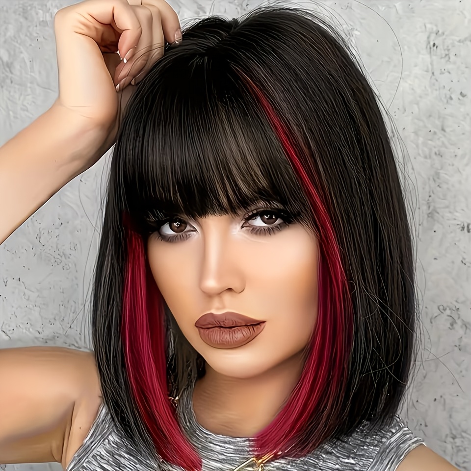 TEMU Peluca corta y estilo bob negra con , con flequillo, adecuada para uso diario y de para mujer. Una peluca de moda para casual