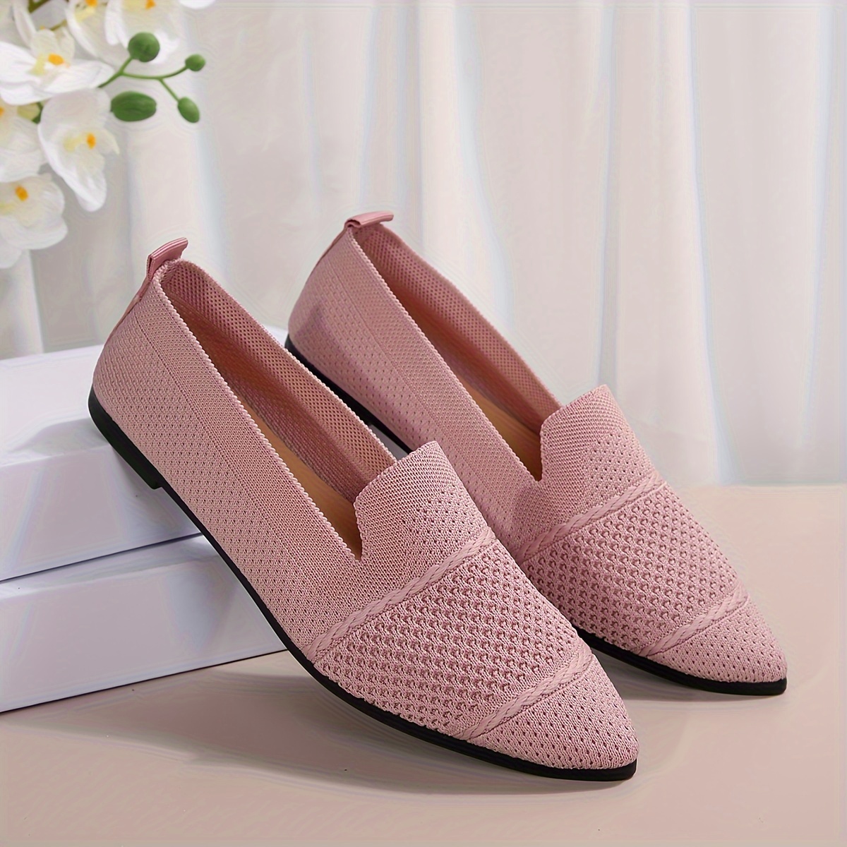 Elegant Ballet Flat Shoes For Women, Slip-On Breathable Soft Sole Daily Knitted Ballets, Point Toe Daily Wear